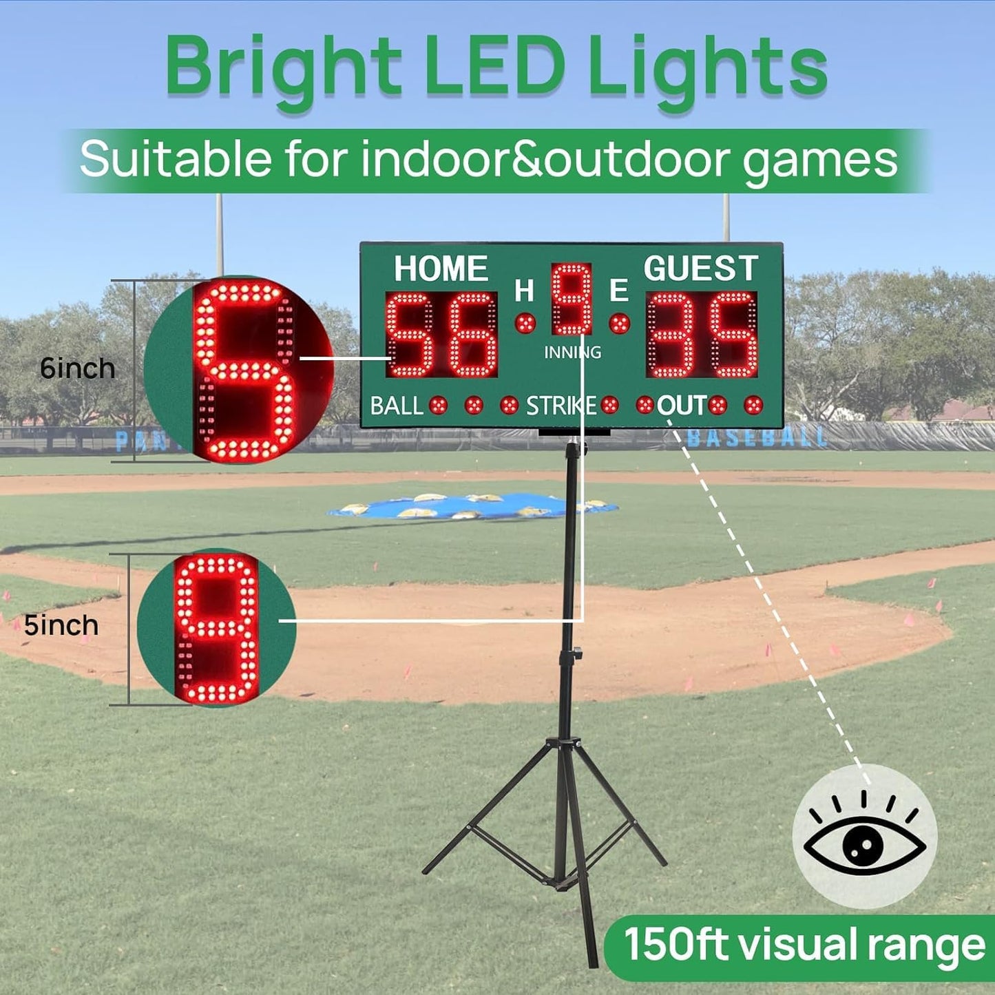 LED Portable Baseball Scoreboard for Fence, High-Light Digital Scoreboard with Remote, Rechargeable Wireless Electronic Baseball Scoreboard, Baseball Score Keeper with Innings Balls Strikes Outs