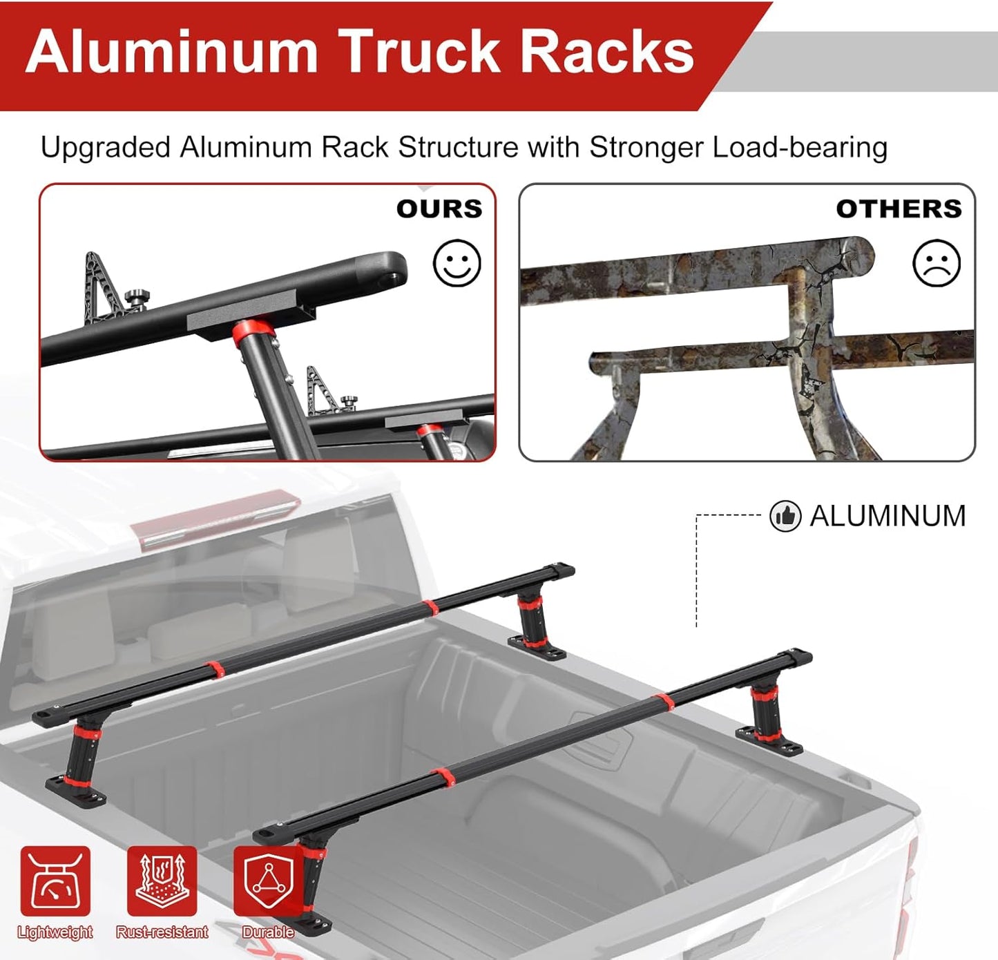 Truck Bed Rack, Aluminum Truck Bed Crossbars for Pick Up Truck with 800lbs Capacity, Adjustable Universal Truck Ladder