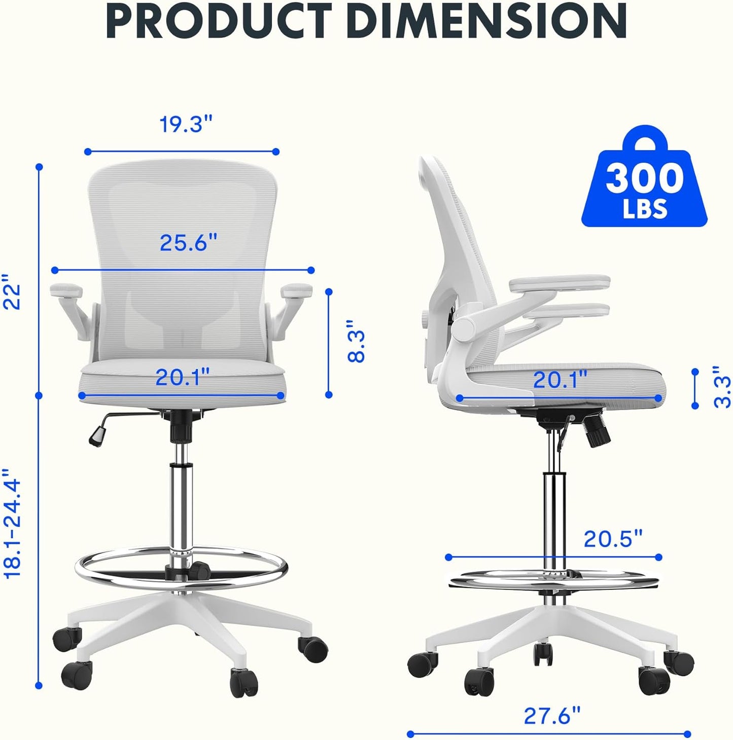 Big and Tall Mesh Office Drafting Chair,Comfortable Computer Chairs with Adjustable Lumbar Support and 3D Flip-Up Armrests,Standing Desk Chairs for