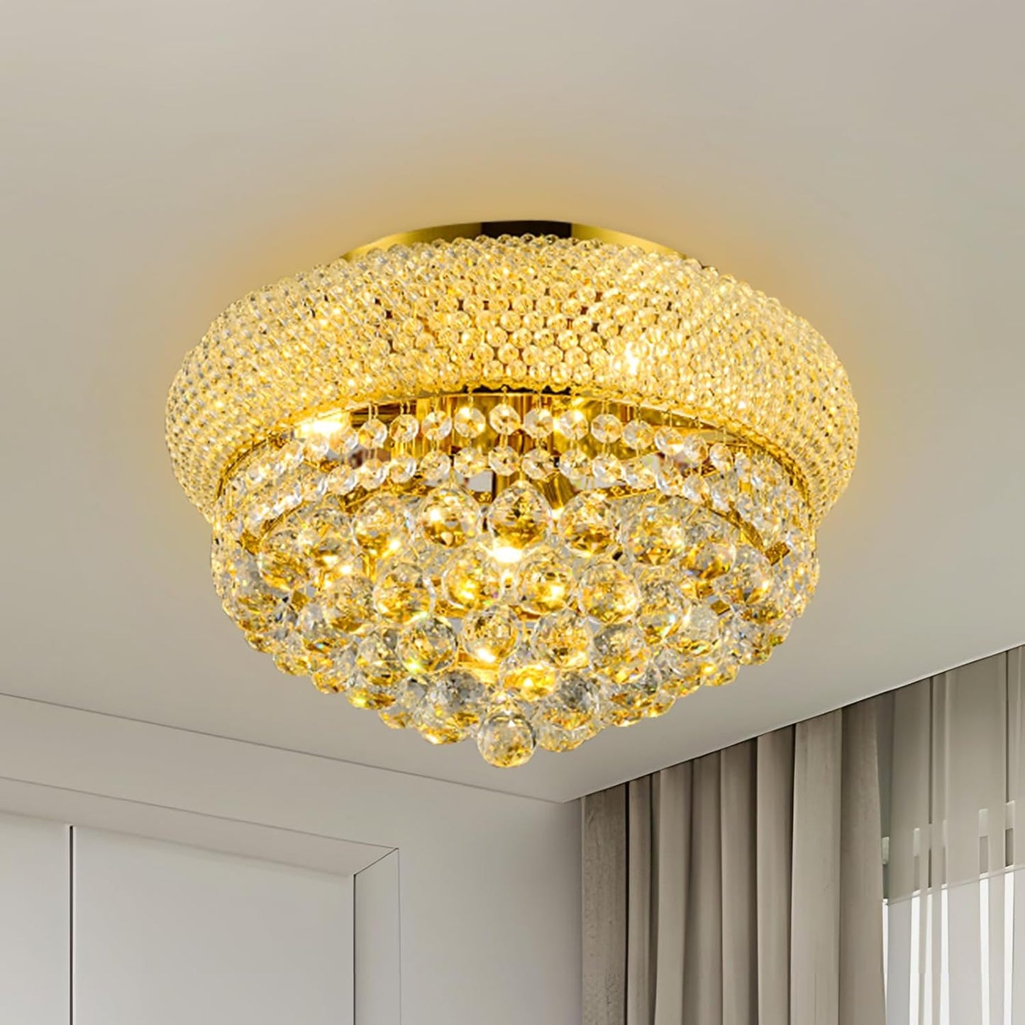 Crystal Ceiling Light Fixture Modern Round Crystal Chandelier Flush Mount Ceiling Light for Living Room Dining Room Kitchen Bathroom Bedroom Entryway