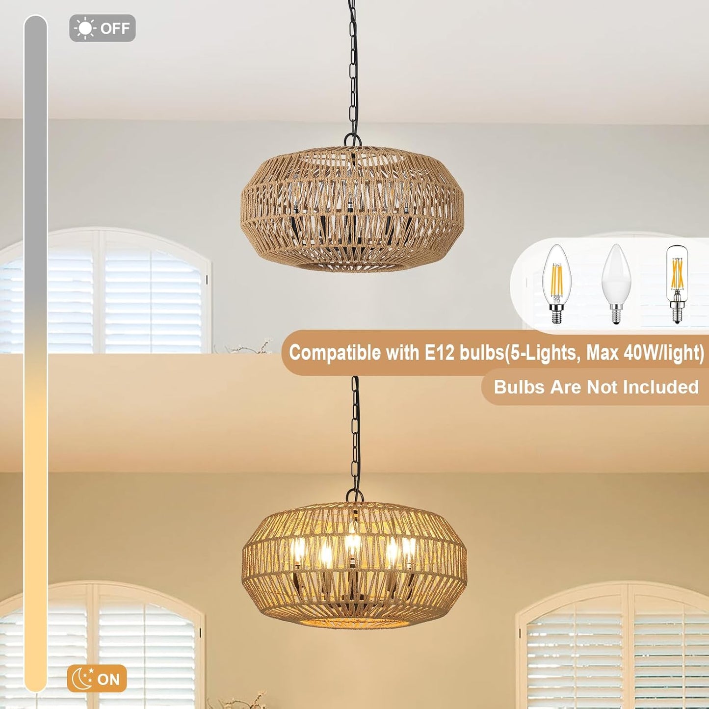 Stepeak Large Farmhouse Chandelier Light Fixtures, 5-Lights Boho Rattan Pendant Lighting with Woven Wicker Shade, Coastal Basket Chandeliers for