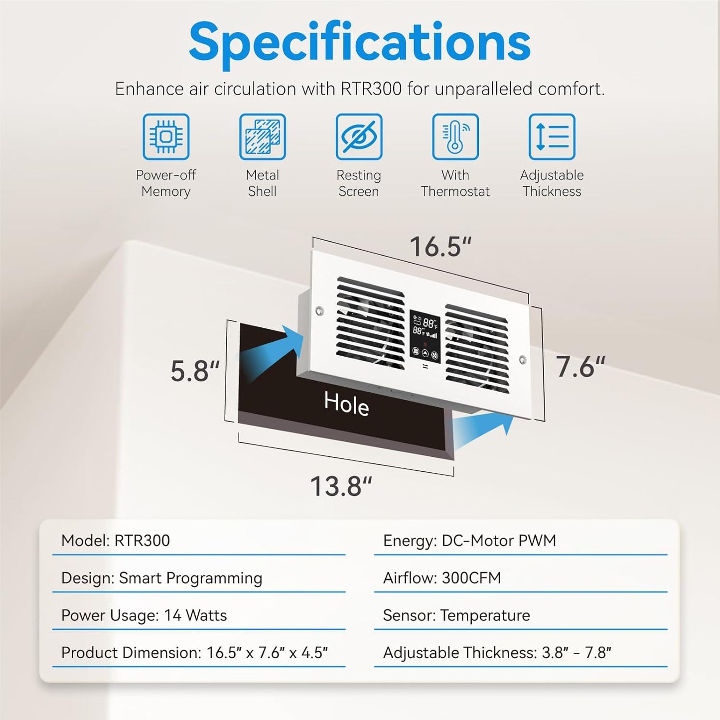 Apexicalo Room to Room Fan with Remote Control, 5-Speed Wall Vent Fan with Dual Fan, 300CFM Through Wall Fan with Temperature Control for Kitchen,