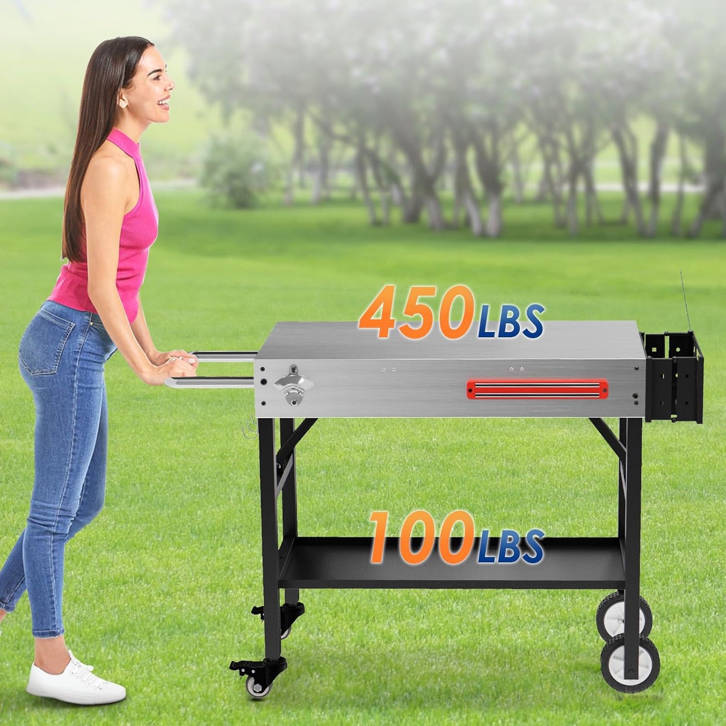 Stainless Steel Portable Outdoor Grill Table, 550 LBS Thicker Folding Grill Cart Pizza Oven Stand with Wheels, 31&#39;&#39;W x 17&#39;&#39;D Prep