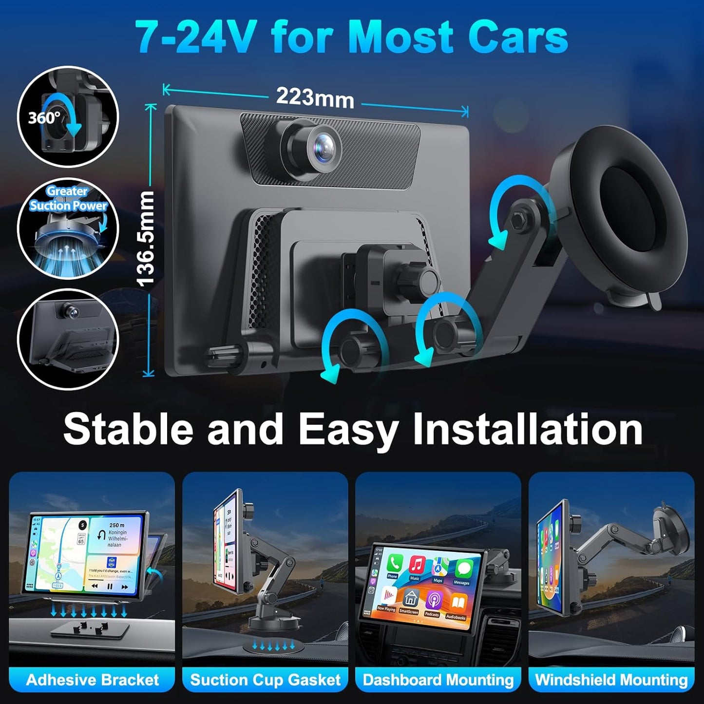 Eoyaa Wireless Portable Carplay Screen with 4K Dash Cam, Android Auto, 9&#39;&#39; Auto-Dimming Screen with Strongest Suctio