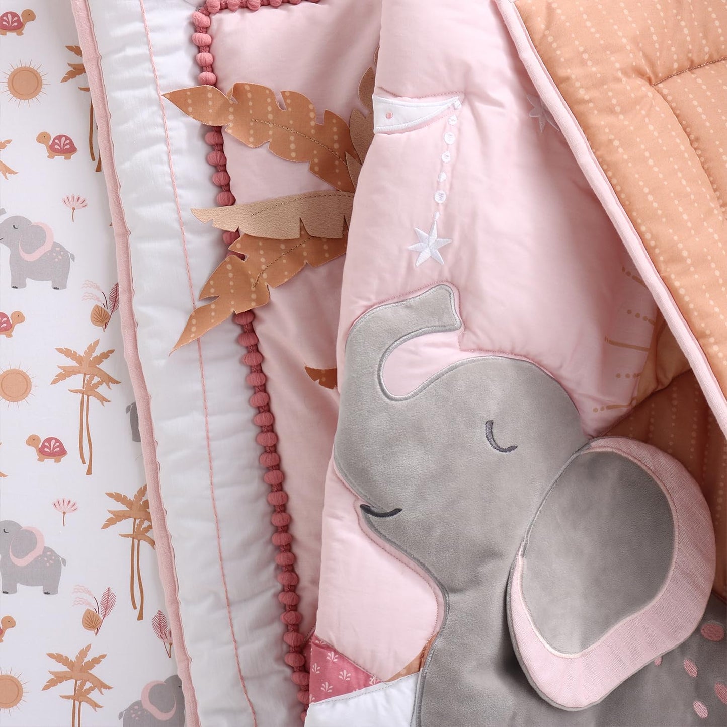The Peanutshell Safari Crib Bedding Set for Girls, 4pc Organic Cotton Crib Comforter Set, Jungle Elephant Nursery Decor, Pink, Grey, White, Tan