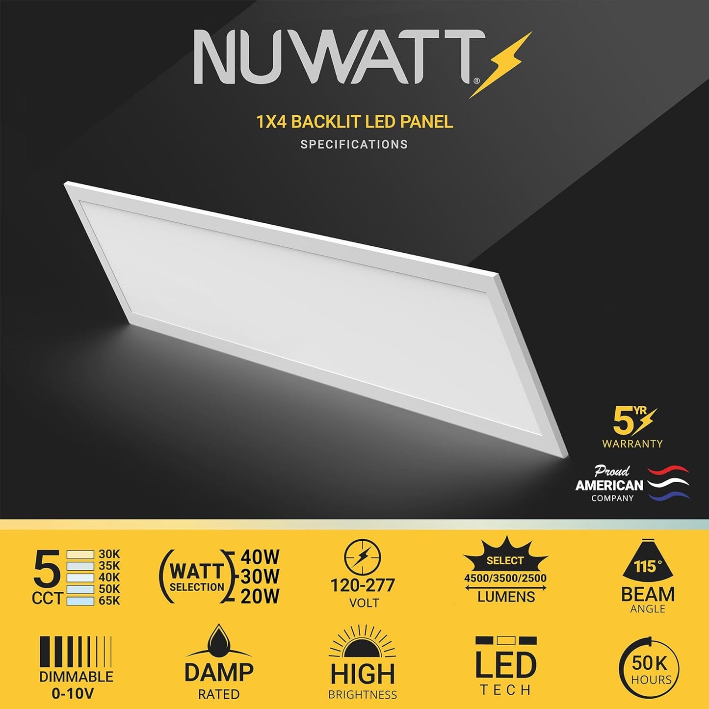 NUWATT 4 Pack 1x4 LED Drop Ceiling Flat Panel Troffer Light, Wattage & Color Selectable 40W/30W/20W, CCT 3000K/3500K/4000K/5000K/6500K, 4400LM, 0-10V Dimmable Backlit Fixture, UL Listed, 120V-277V