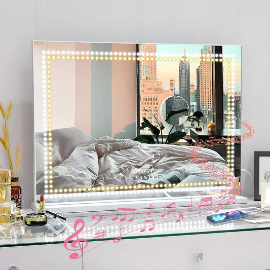 Vanity Mirror with Lights 32'x23' Lighted Makeup Vanity Mirror with Smart Speaker Dimmable 3 Light Modes 10X Magnification Light Up Mirror