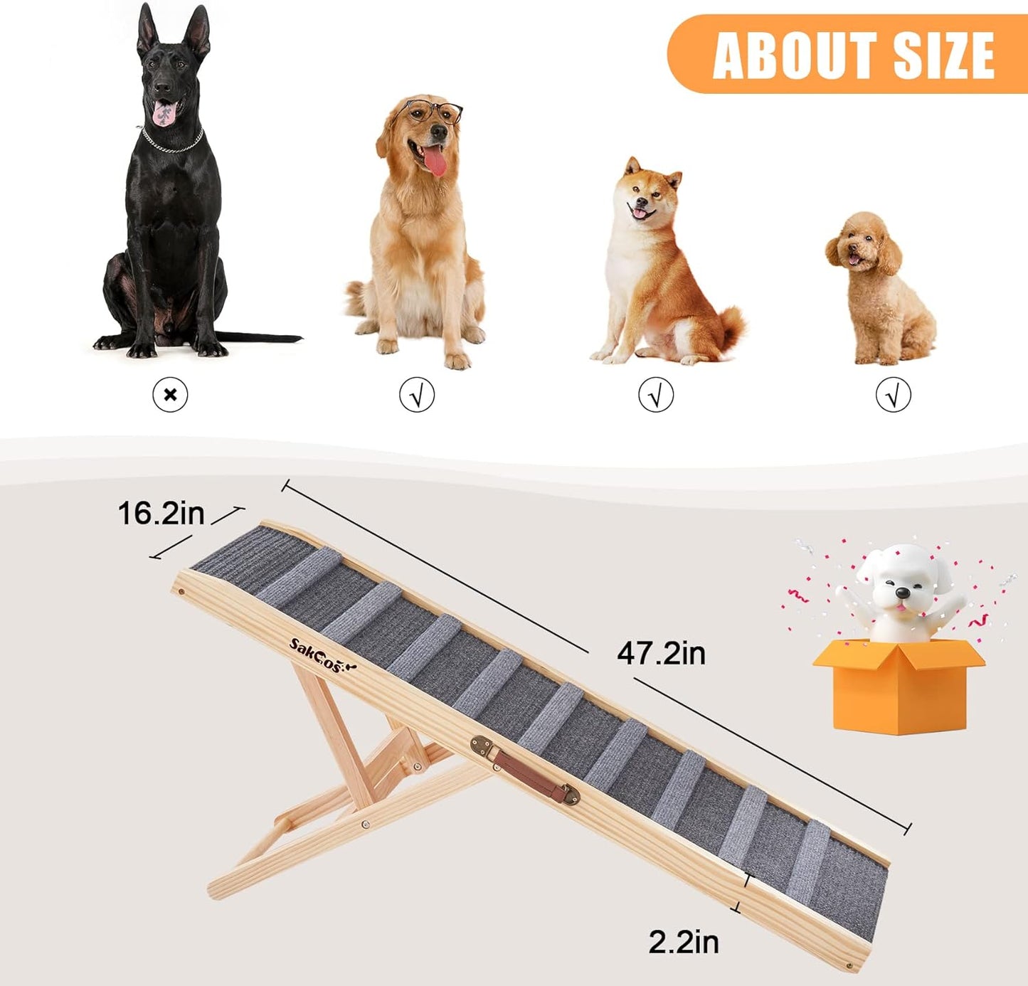 Sakgos Dog Ramp for Bed Wooden Dog Ramps for High Beds Adjustable Dog Ramp for Car Portable Pet Ramps for Large Dogs Get on Bed and Couch Folding Dog Bed Ramp, Non-Slip Carpet Surface 5 Levels,250lbs