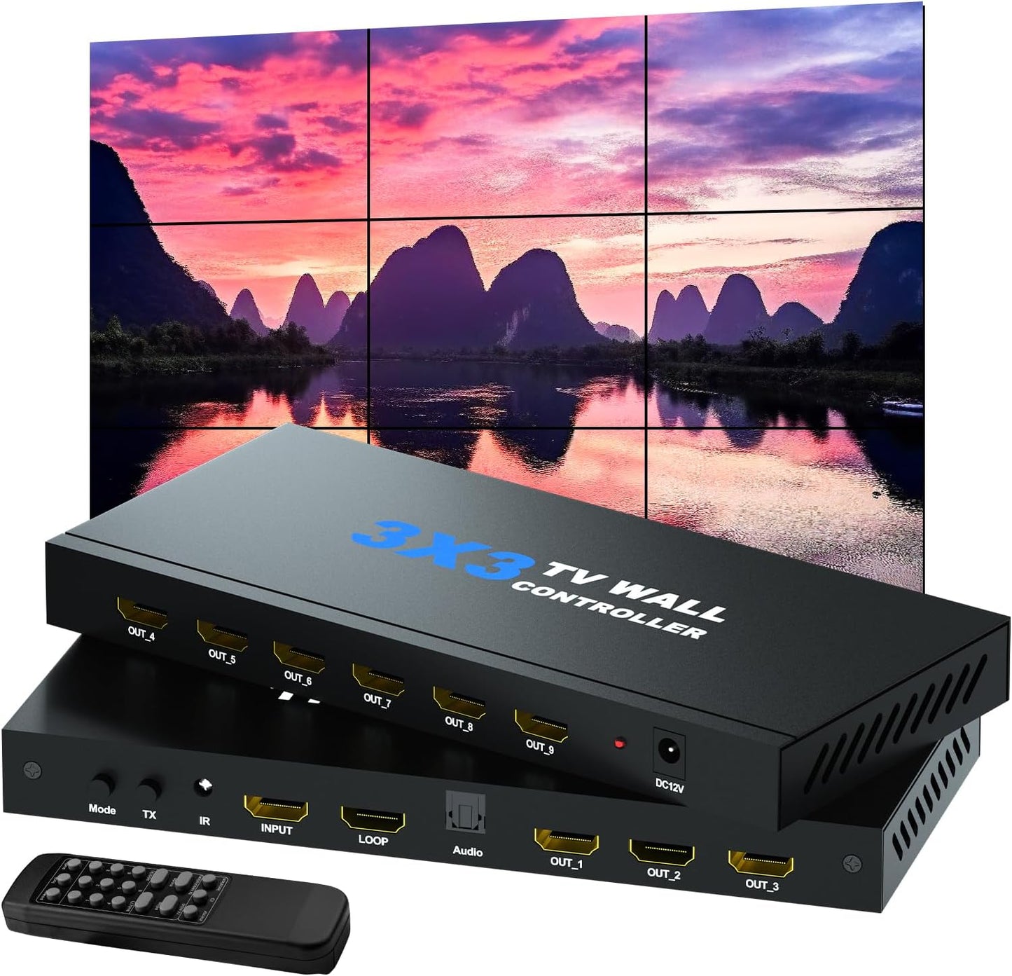 Video Wall Controller, Video Wall Processor 3x3 4K Input & 1080P HDMI Output for 9 TV Splicing Display, 180 Degree Rotate, 14 Splicing Modes 3x3 3x2