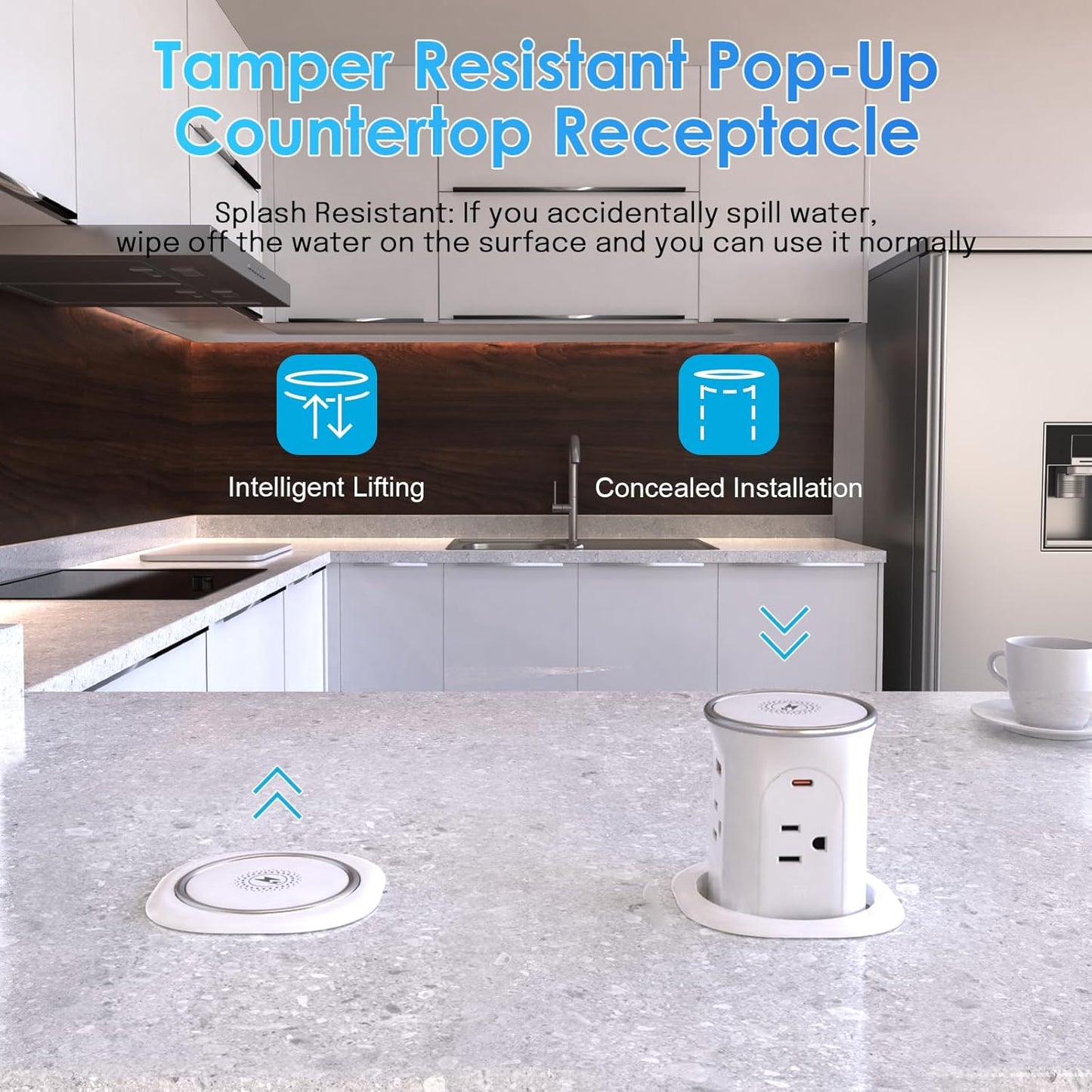 3.15in Pop Up Countertop Outlet with 15W Wireless Charger, Max 20W USB Power Delivery 15A Tamper Resistant, Desktop Mount