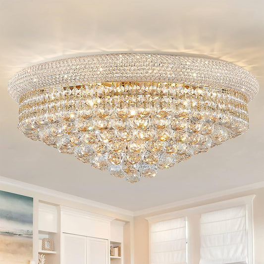 TMAFON Modern Gold Ceiling Crystal Chandeliers - Diameter 24 inch Semi Fulsh Mounted Chandelier Light Fixtures for Living Dining Room, Bedroom (Gold/Diamter 24 inches)