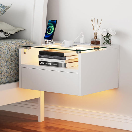 Floating Nightstand with Charging Station, Drawer, LED, Set of 2