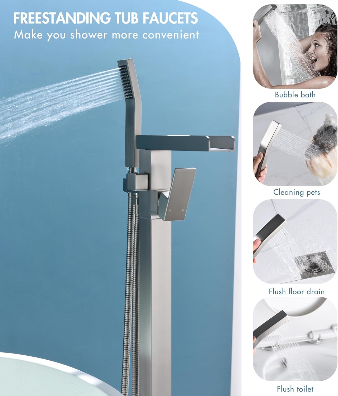 LEPO Free Standing Tub Faucet - Shower Faucet Set Floor Mount Tub Filler Faucet, 360 Degree Swivel Standing Spout Mixer Taps with Round High Pressure