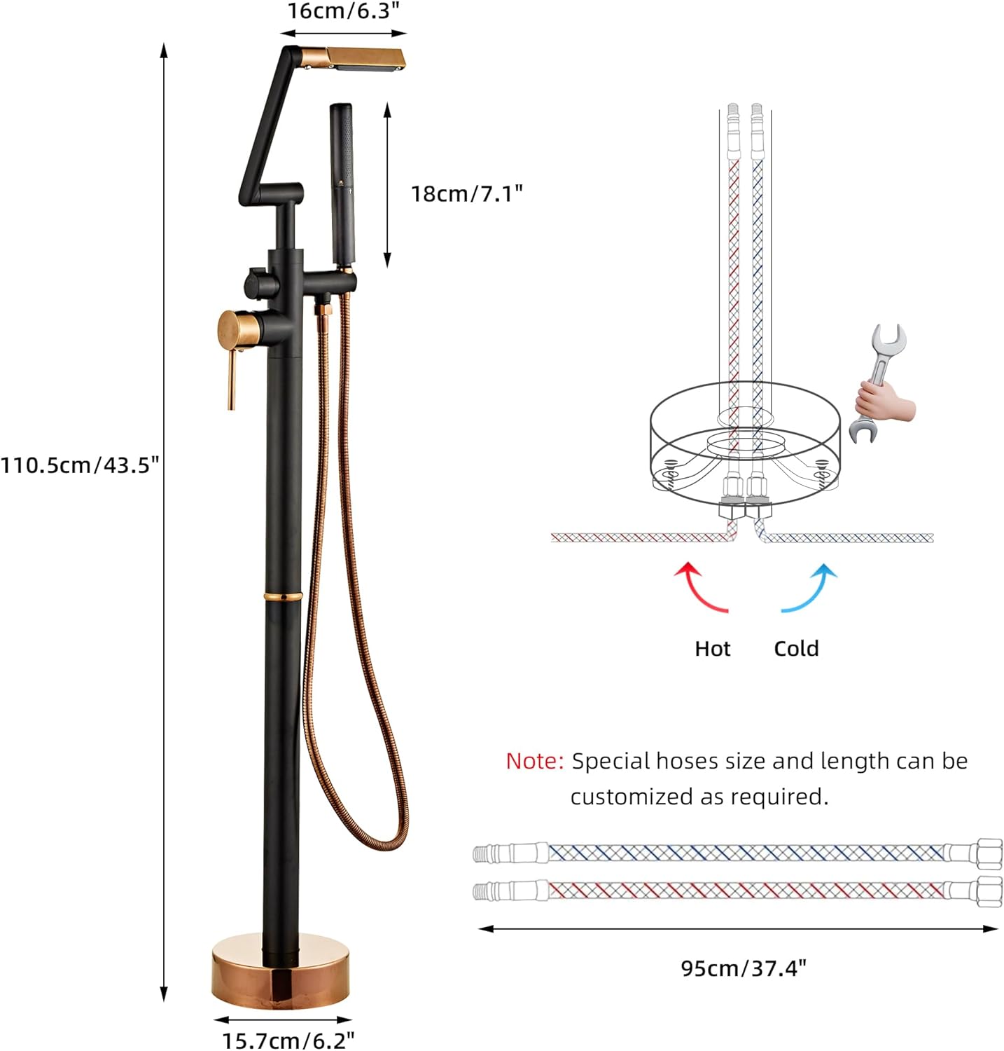 LCEVCGK Freestanding Bathtub Faucet Floor Mount Matte Black and Gold Tub Filler High Flow Swivel Spout Shower Faucets with Handheld Shower Mixer Taps