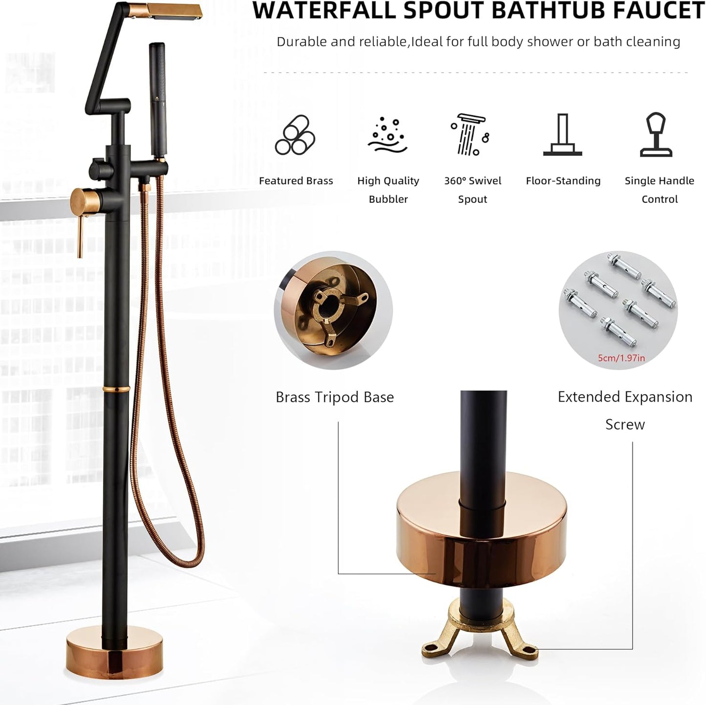 LCEVCGK Freestanding Bathtub Faucet Floor Mount Matte Black and Gold Tub Filler High Flow Swivel Spout Shower Faucets with Handheld Shower Mixer Taps