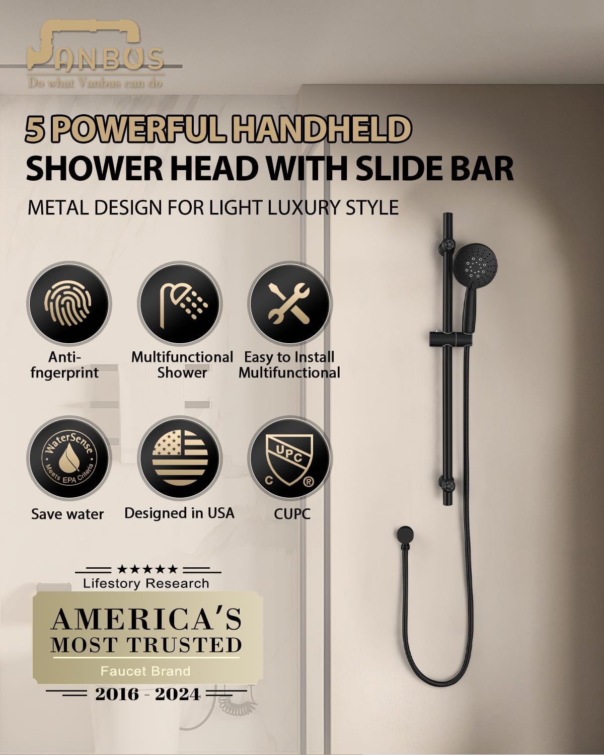 Shower Slide Bar System (metal), 5-Function Handheld Shower Head with Slide bar, 304 Stainless Steel Hose with Brass