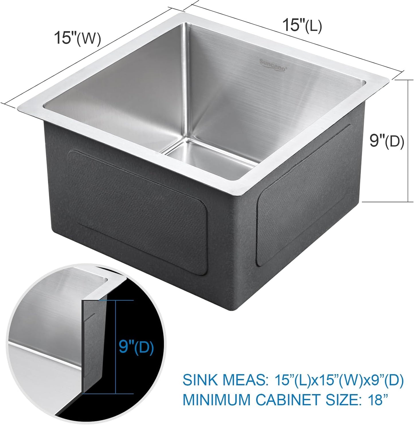 Suncano 15x15 Inch Bar Sink Undermount, 18 Gauge Stainless Steel Small Kitchen Sink, Handmade Single Bowl Wet Bar Sink wi