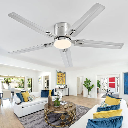 52inch Stainless Steel Ceiling Fan with Lights, 5 Blades, Remote Control, Low Profile Ceiling Fan, for Patio, Living Room, Bedroom, Office, Indoor,