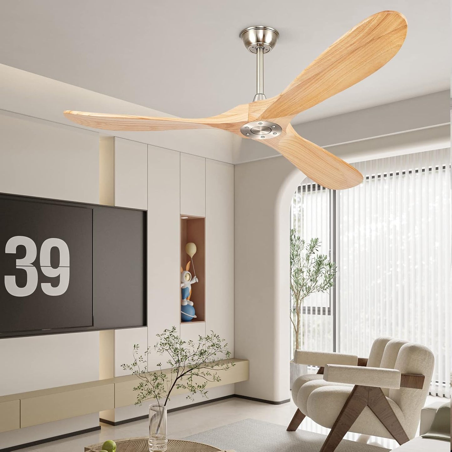 52' Ceiling Fans without Lights, Solid Wood Ceiling Fan with Remote Control No Light, Modern Ceiling Fan with 3 Blades