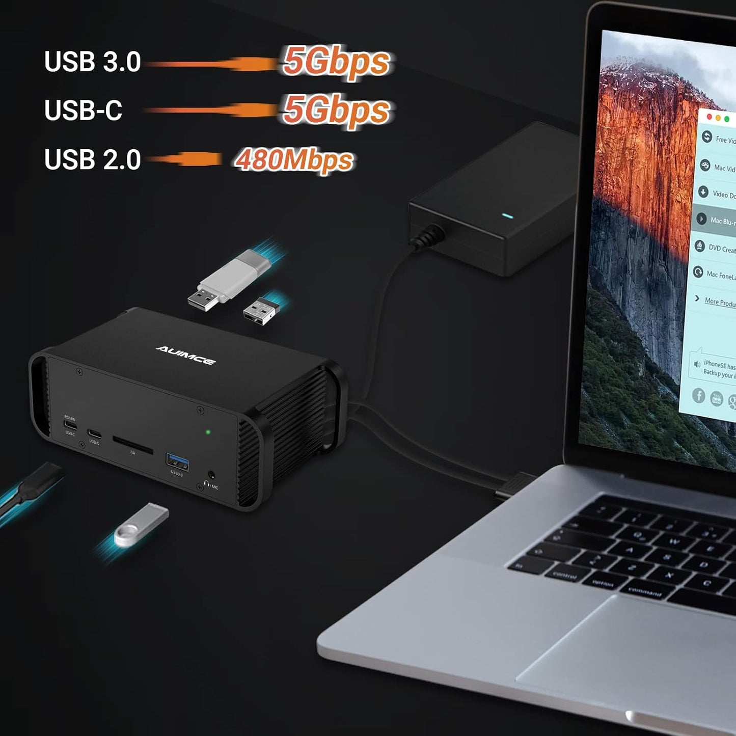 MacBook Pro Docking Station Dual Monitor with 2 HDMI 4K Display,14 in 2 USB C Dock,100 AC Power Adapter, 18W PD Charging Port, Ethernet, 4 USB A