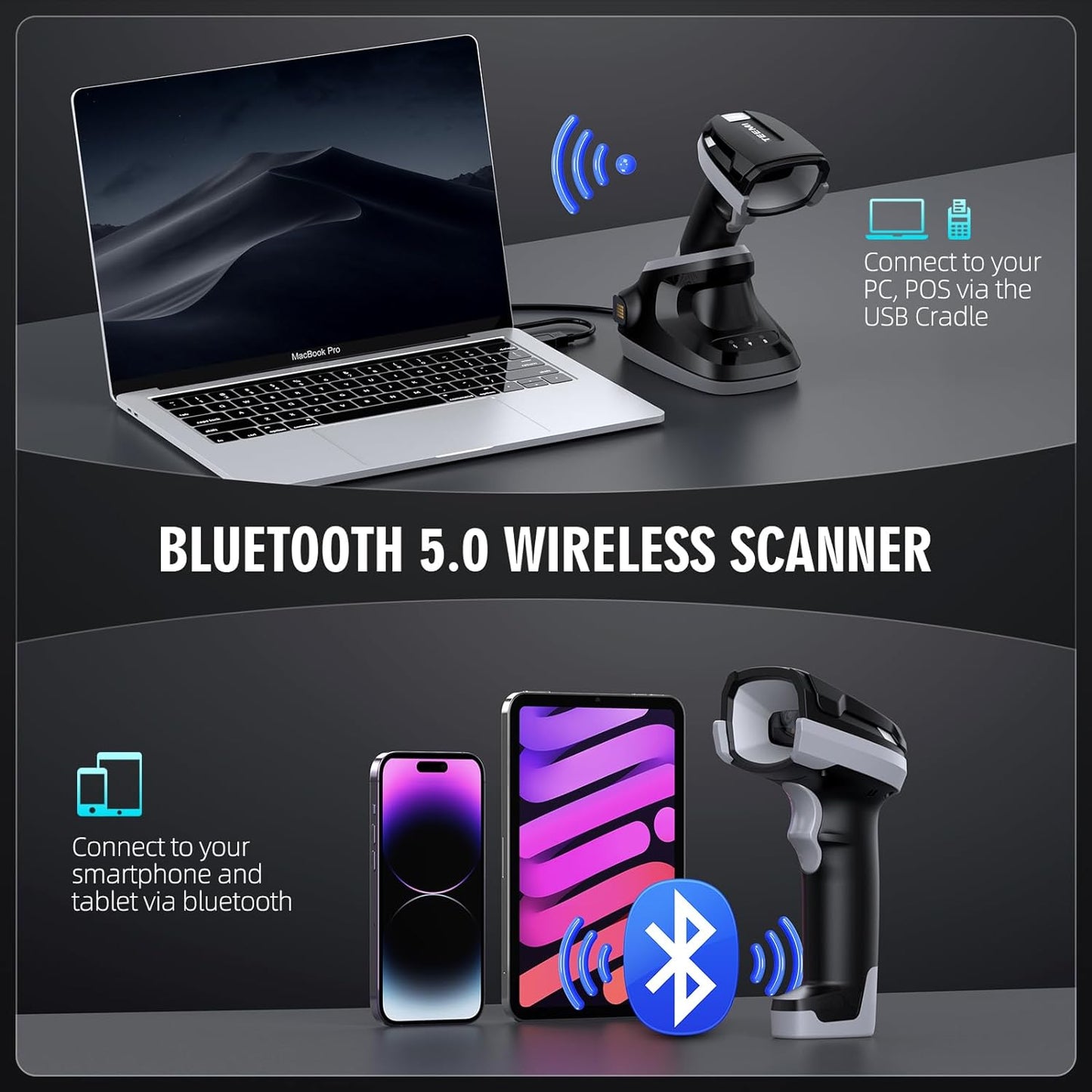 TMSL-59CR 1D 2D Bluetooth Barcode Scanner with USB Cradle and One Battery, High-Resolution Megapixel Sensor Industrial Rugged Design, Vibration,