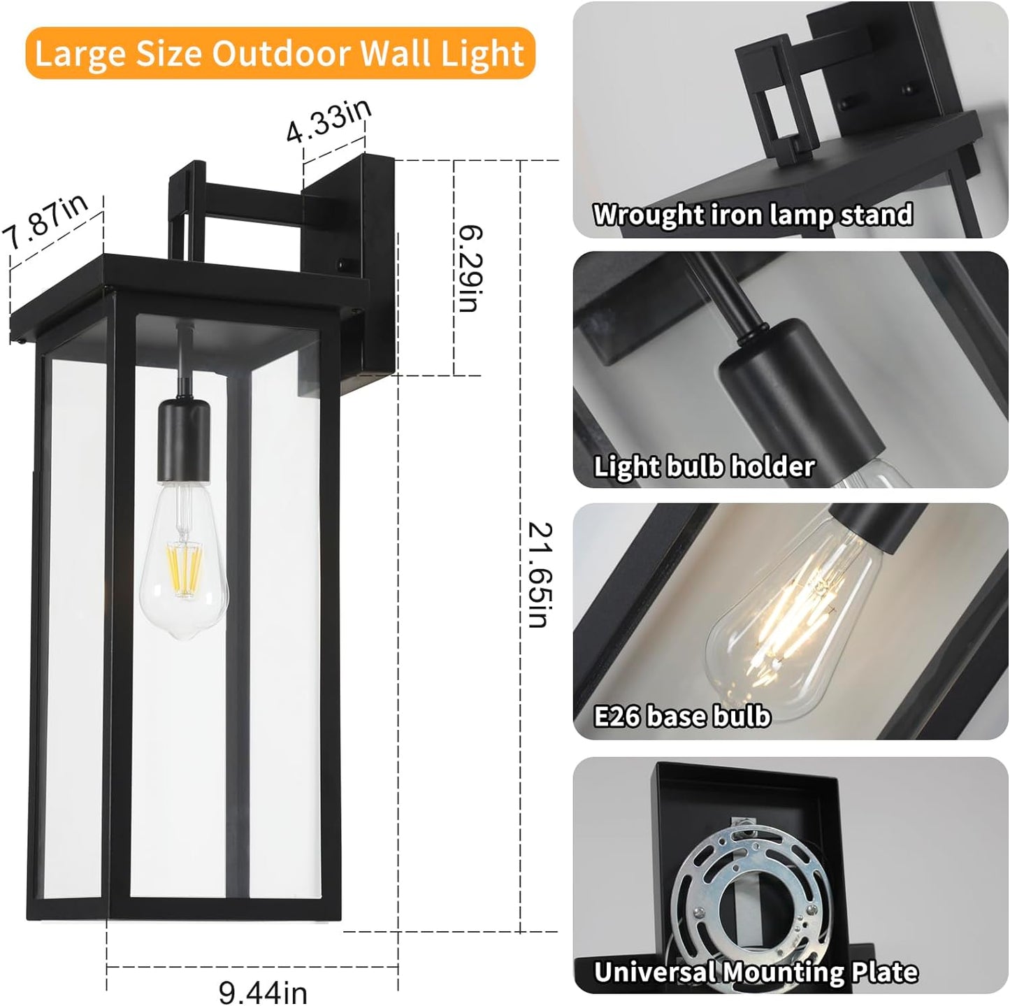 22IN Large Modern Exterior Lighting Fixtures with Clear Glass Shade, E26 Base Waterproof