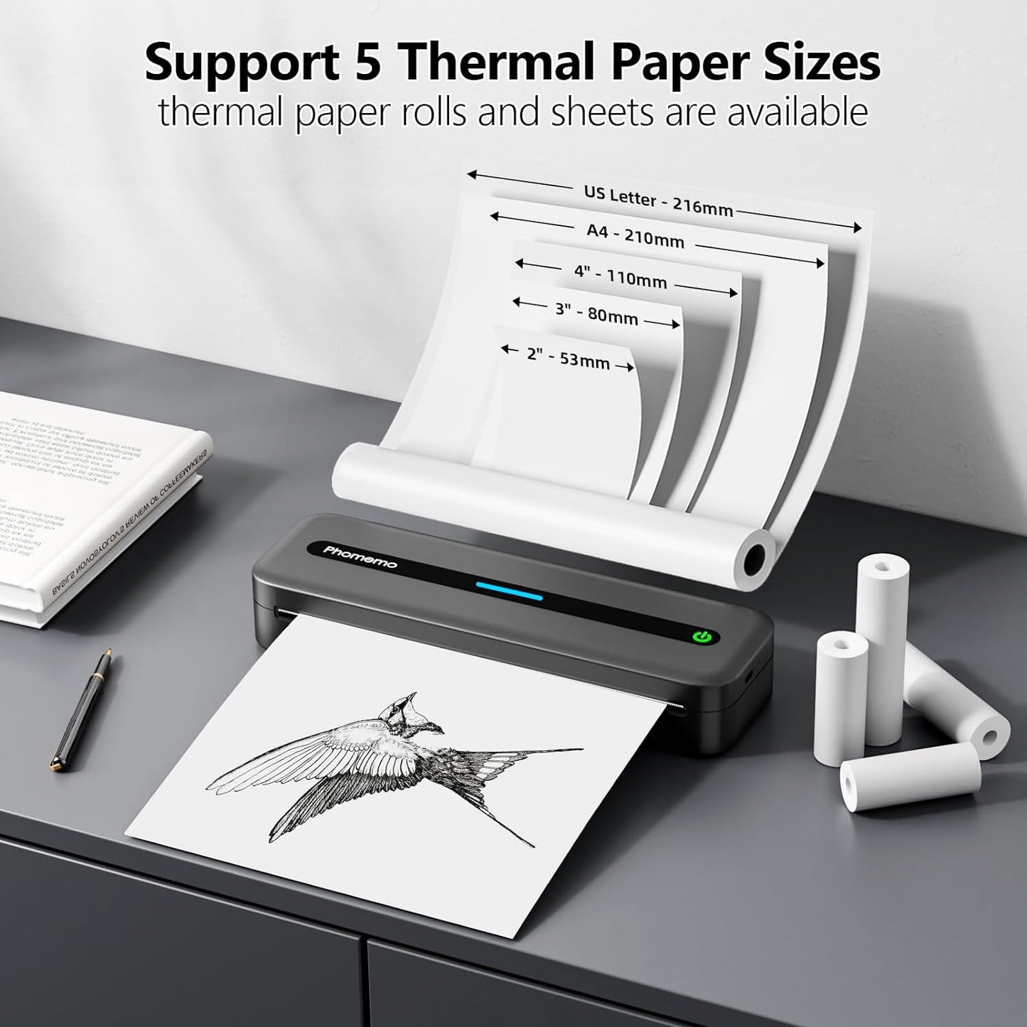 Portable Inkless Thermal Wireless (Bluetooth) Printer for Travel, M832  Support 8.5'' x 11'' Letter & A4 Paper
