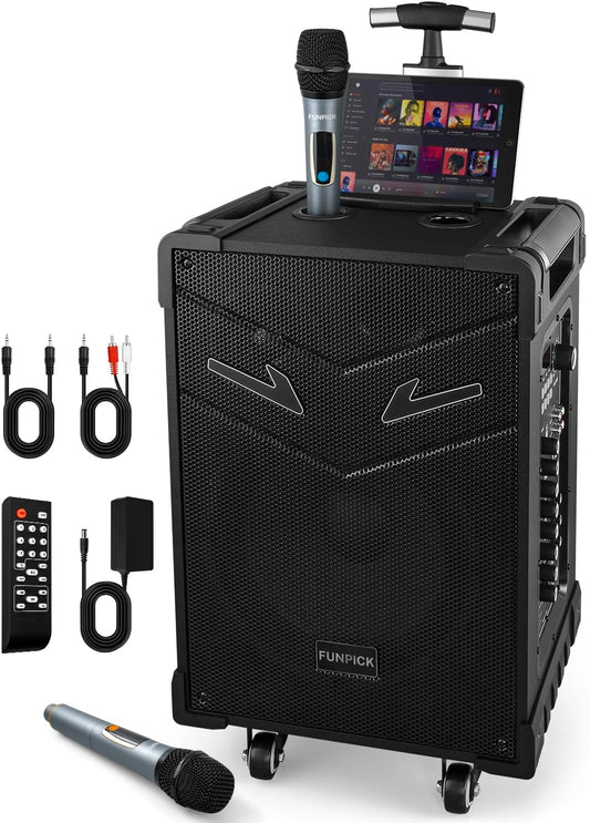 3-Way Portable PA System, Bluetooth Karaoke Machine with Wireless Microphones, 10&#34; Rechargeable Speaker for Adults,