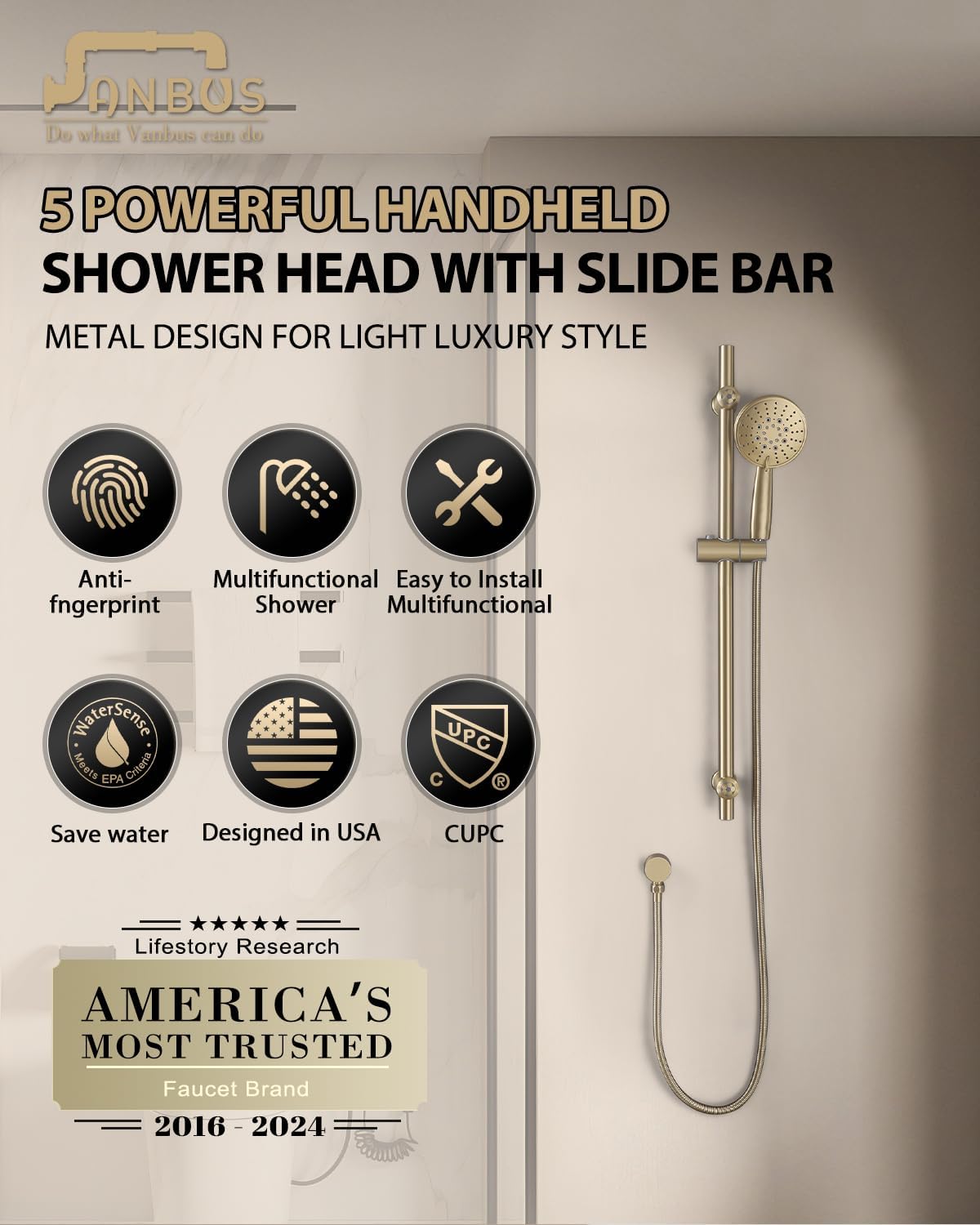 All Metal Shower Slide Bar System, 5-Function Handheld Shower Head with Slide bar, 304 Stainless Steel Hose with Brass