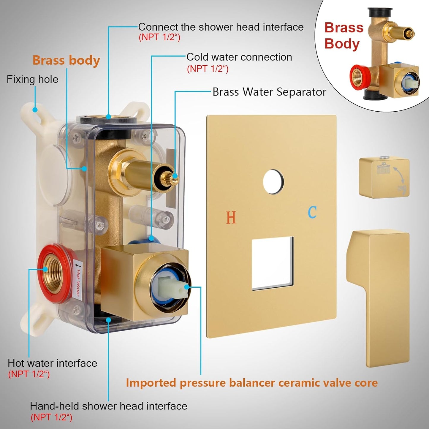 Baetuy Shower Faucet Set, 16 Inch Rainfall Shower System With full metal hand shower and square fixed shower Wall Mounted Shower Fixtures Paint Gold