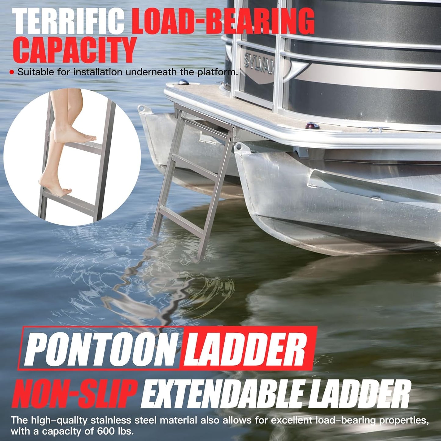 Pontoon Boat Ladder 4 Steps 300Ibs, Aluminum Undermount Pontoon Ladder with Nonslip Design, Heavy Duty Self Storing Boat Ladder