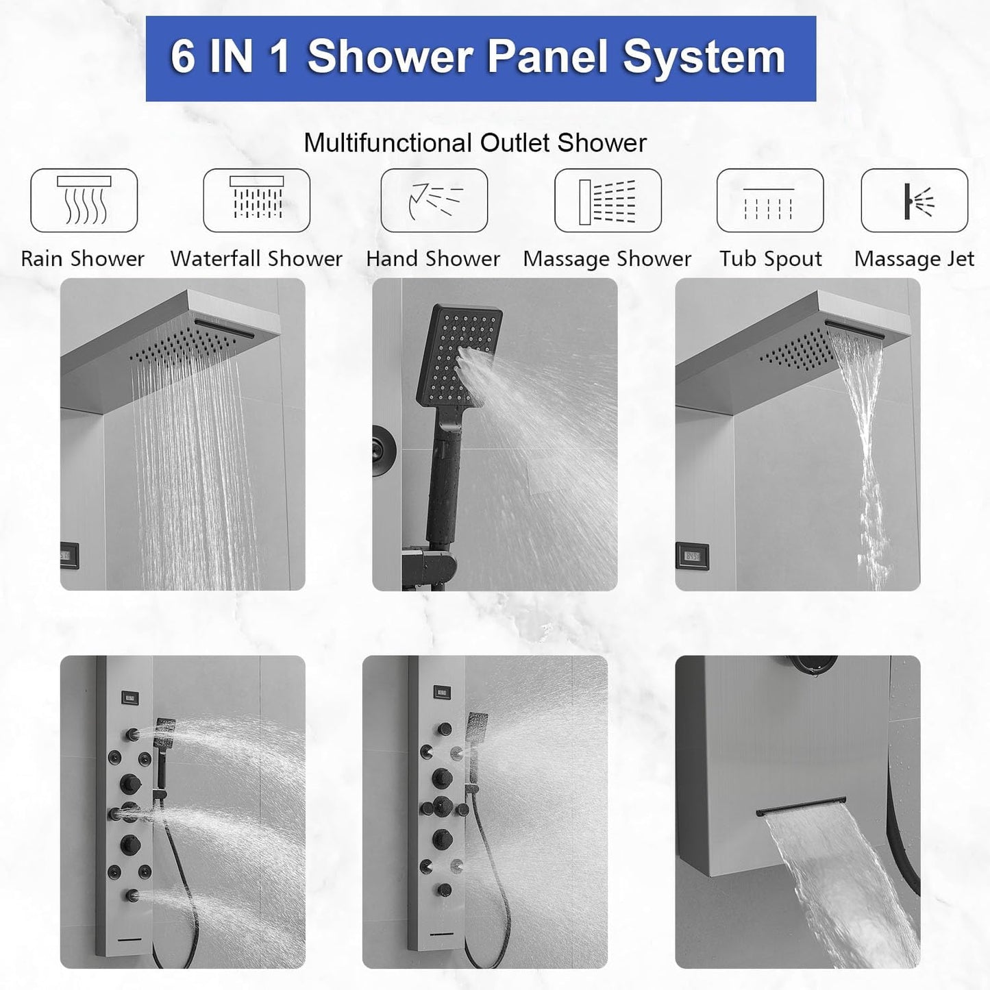 Shower Panel Rain Massage System with Adjustable Body Jets Mist Spray 6 in 1 Functions, Wall-Mount Shower Column