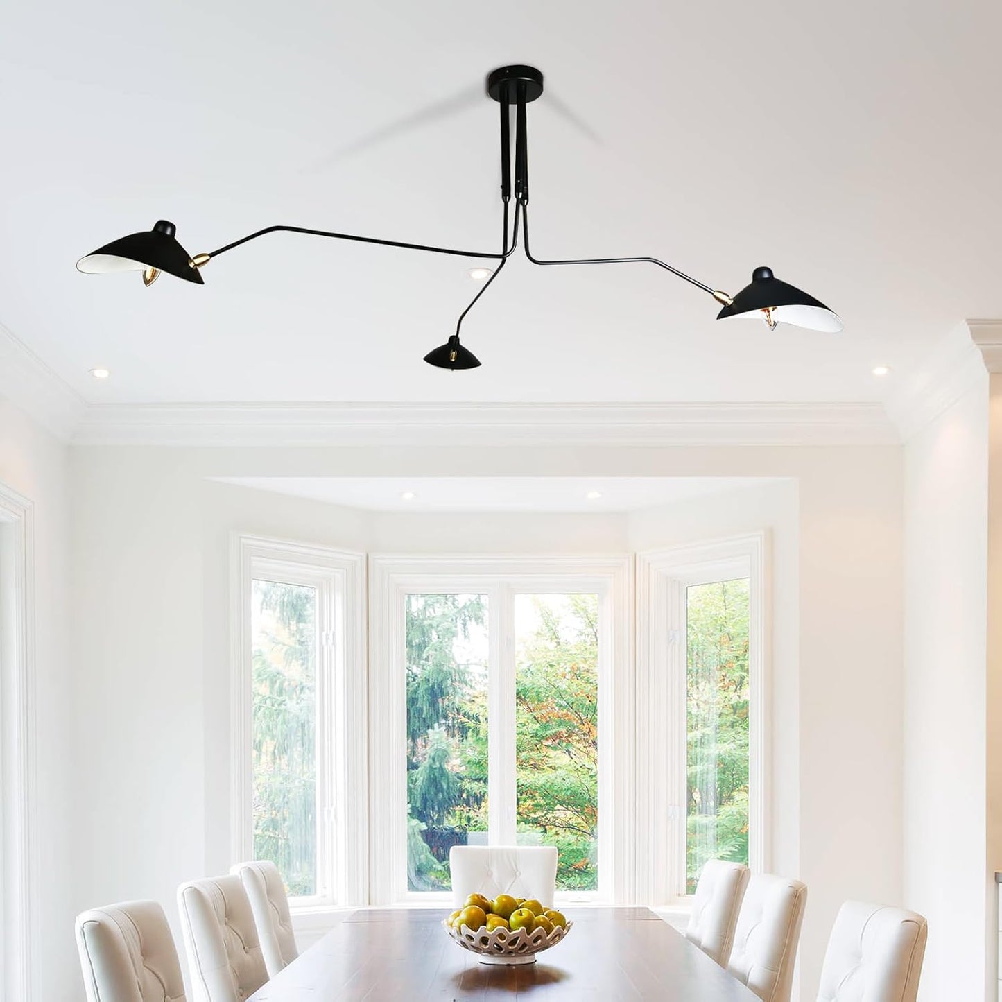 63' Mid-Century Modern Chandelier, Matt Black Adjustable 3-Arms Large Pendant Lighting Fixture