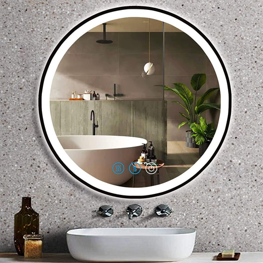 DIDIDADA 20 Inch Black Round LED Bathroom Vanity Mirror with Lights Black Frame Lighted Vanity Mirror for Bathroom Wall Round LED Mirror 3Color