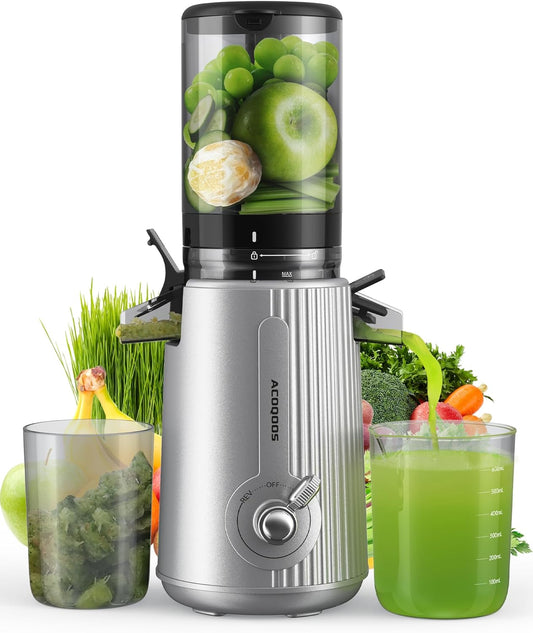 Machines, Juicers Whole Fruit and Vegetable with 4.3' Feeding Chute, Easy to Clean Cold Press Juicer with 2 Cups, Masticating Juicer Silvery (No