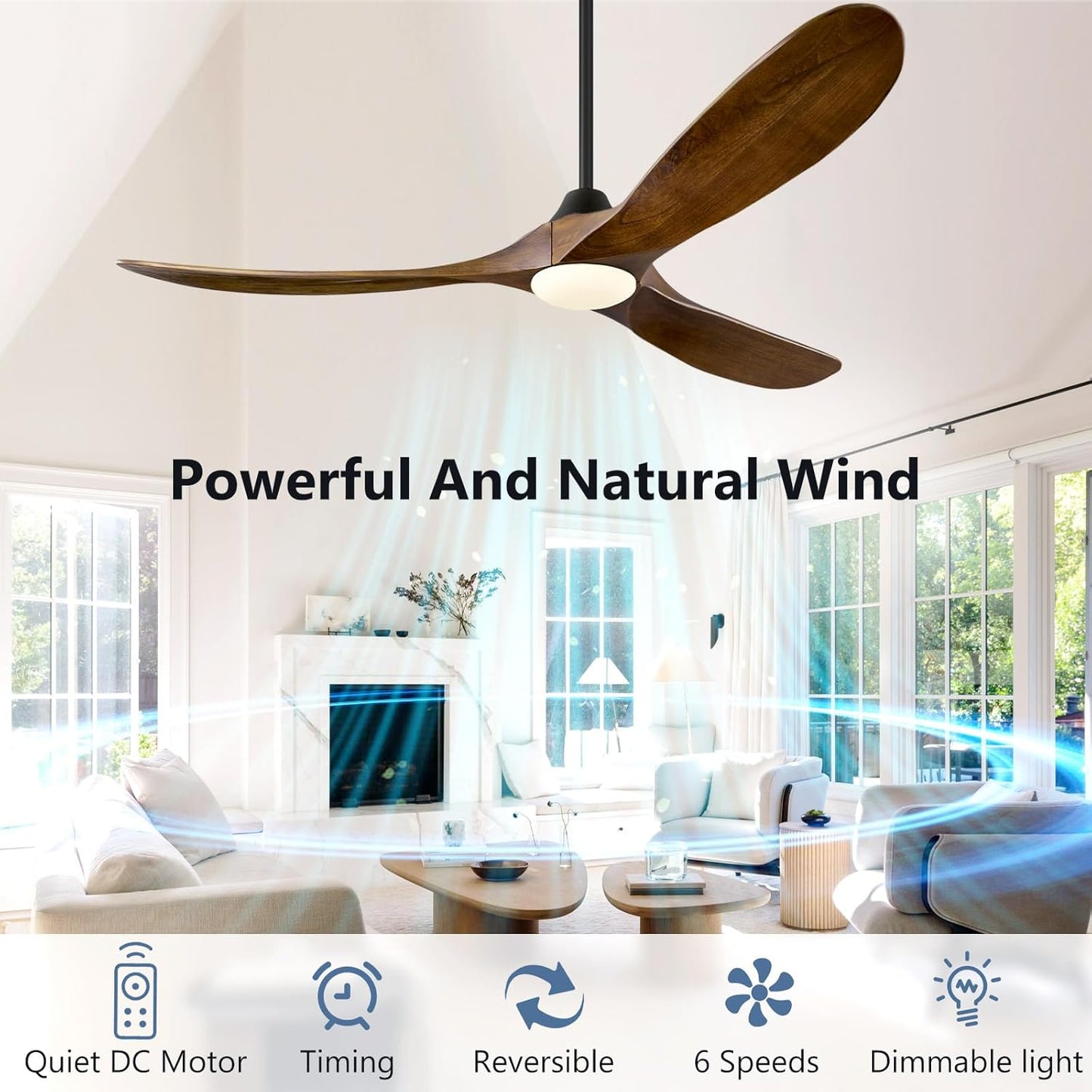 ABZ Ceiling Fans with Lights - 60 inch Propeller Ceiling Fan with Remote Control, 3 Blades Walnut Solid Wood Ceiling Fan for Indoor Outdoor Patio