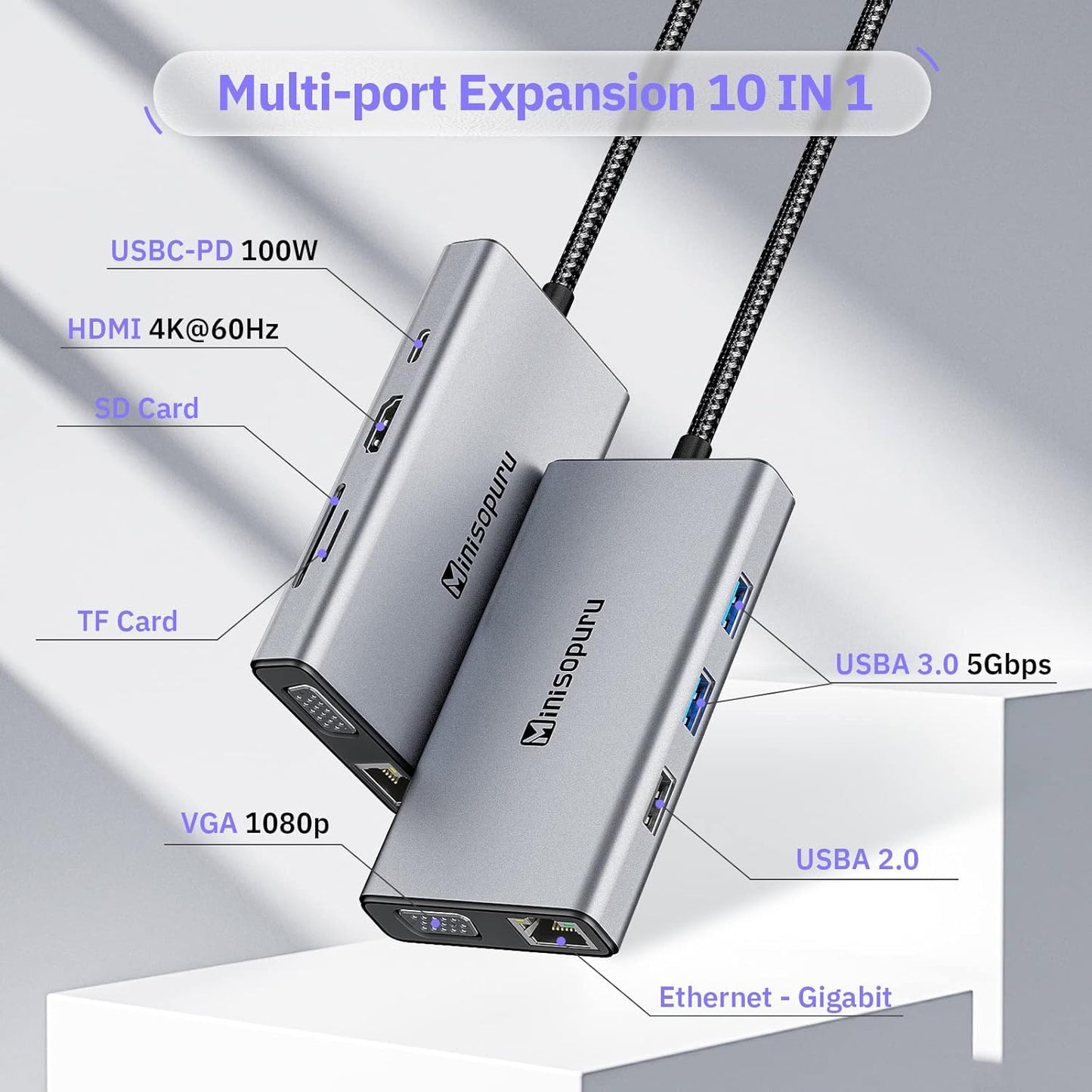 Minisopuru Triple Display Docking Station for MacBook M1/M2/Windows, DisplayLink Docking Station with 2 HDMI & 2 DisplayPort,100W Charge, USB-C Data,