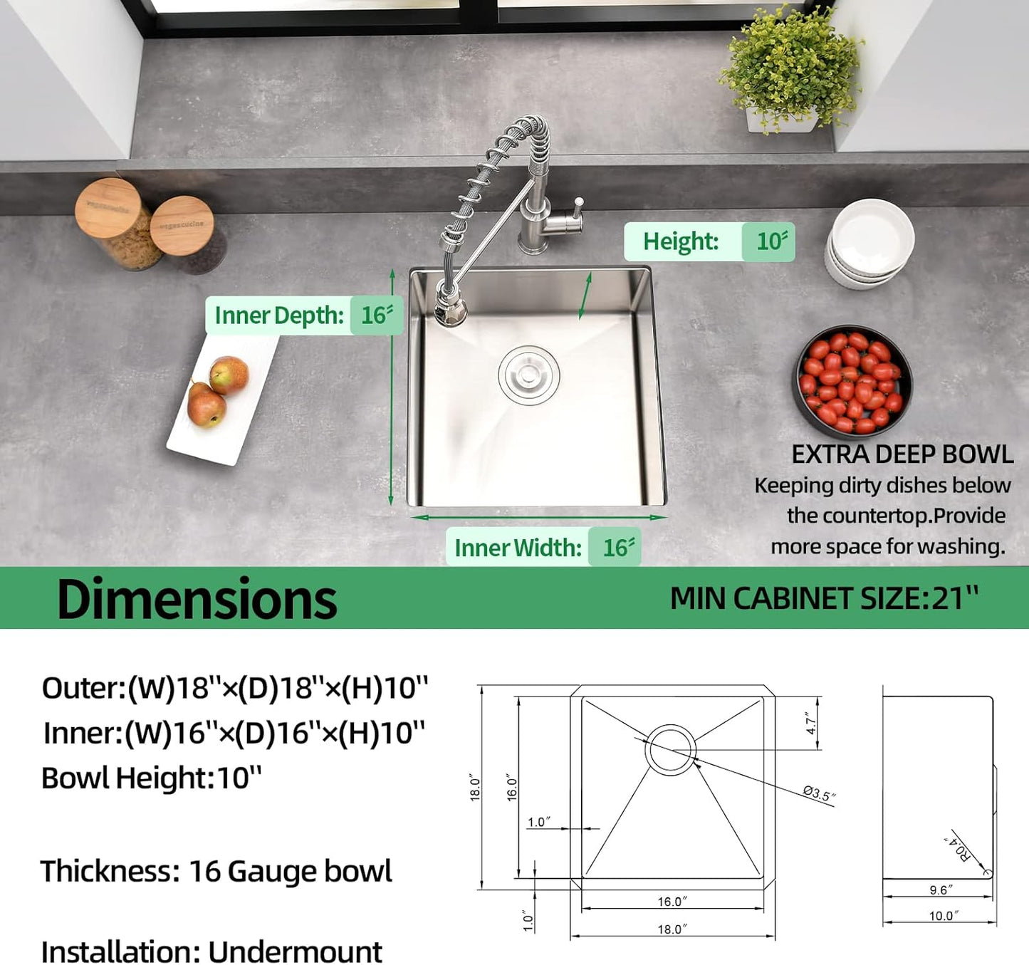 EcoChannels Undermount Kitchen Sink, 18 x 18 x 10 Inch Single Bowl Bar Sink 16 Gauge T-304 Stainless Steel Kitchen Sinks with Accessories (Stainless