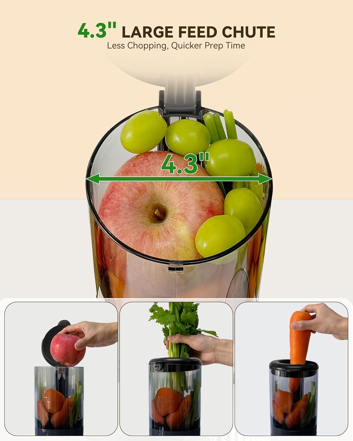 Machines, Juicers Whole Fruit and Vegetable with 4.3' Feeding Chute, Easy to Clean Cold Press Juicer with 2 Cups, Masticating Juicer Silvery (No