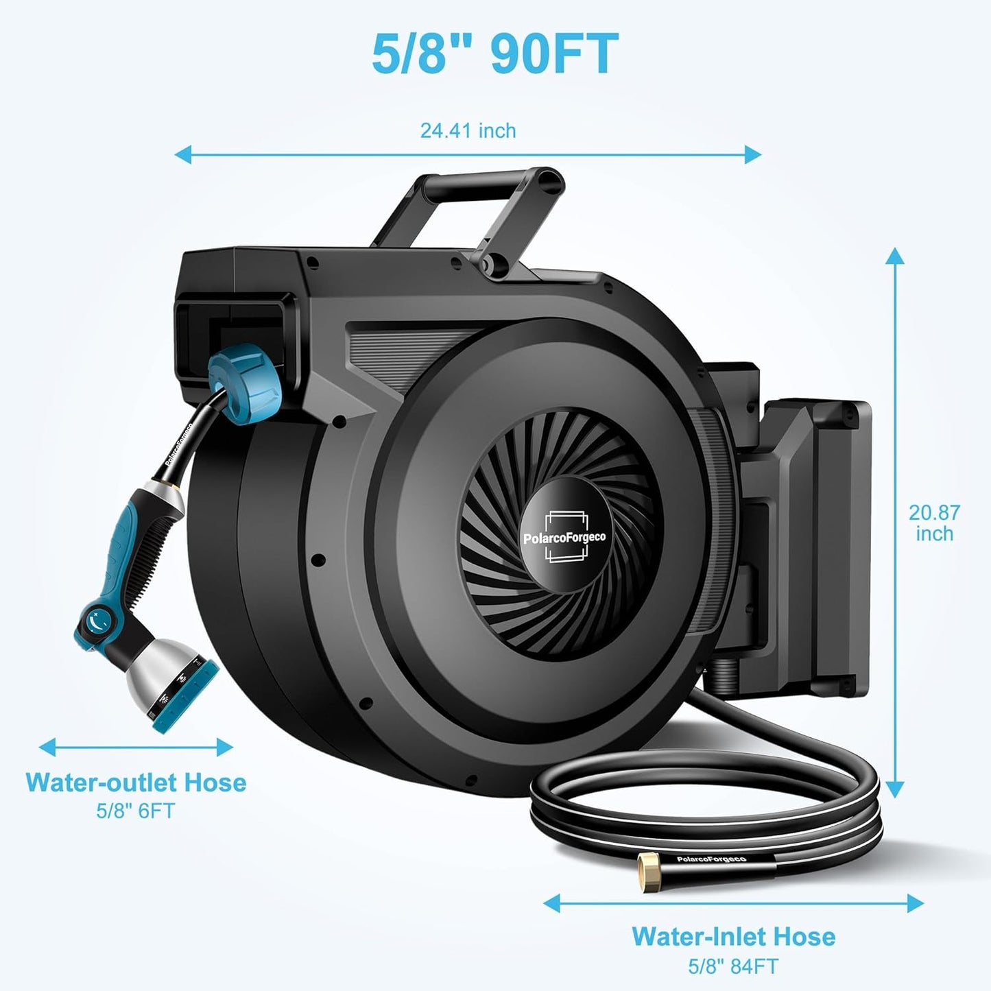 Retractable Garden Hose Reel - 5/8 inch x 90 ft Wall Mounted Hose Reel with 10 Pattern Nozzle & Any Length Lock, Heavy Duty Water Hose Supports Automatic Rewind & 180° Swivel, Black
