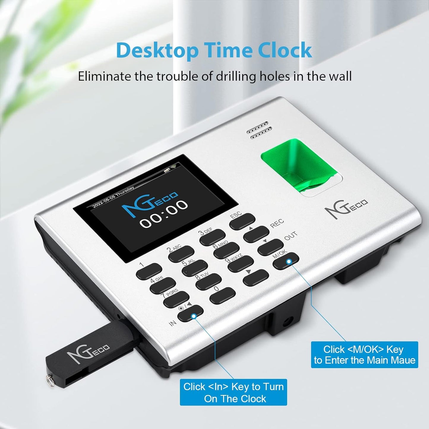 Time Clock for Employees Small Business, 2.4GHz WiFi Fingerprint Time Clock with Battery, Automatic Punch in and Out