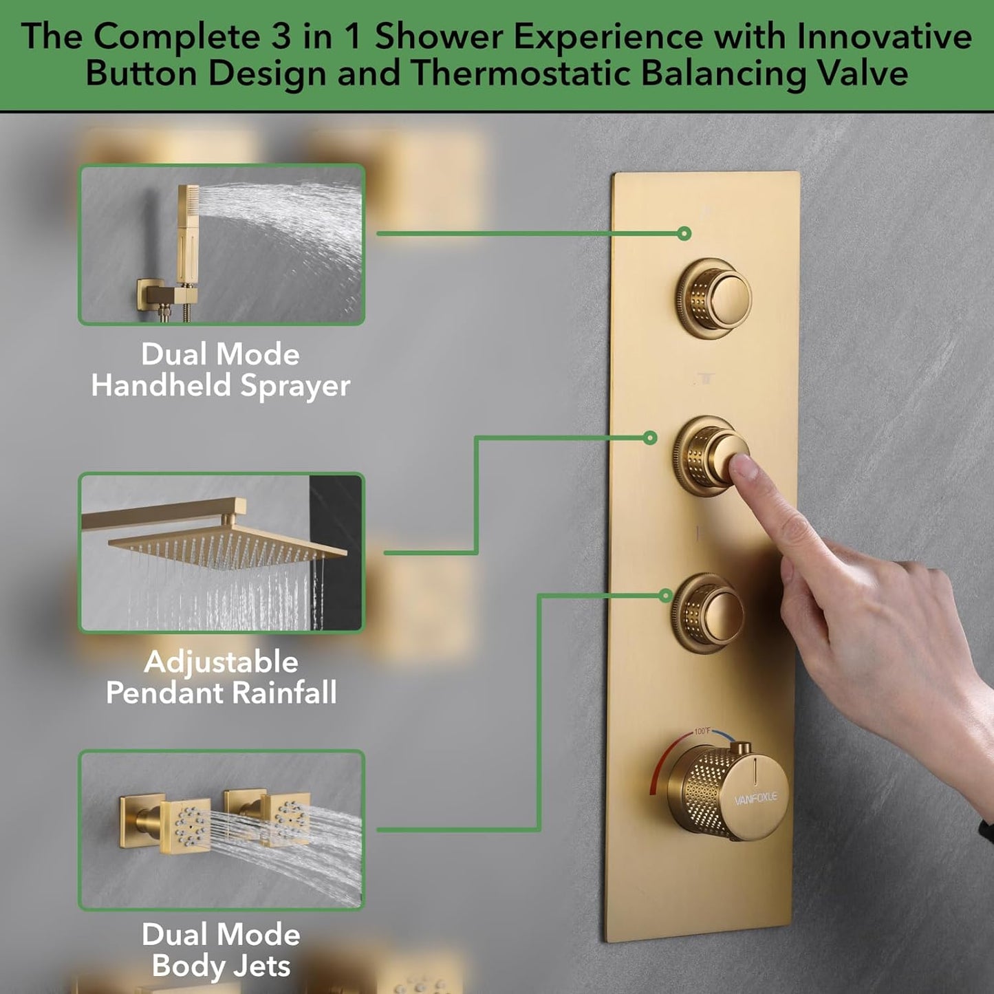 Brushed Gold Shower Faucet Set,Temperature Control System, Push Button Diverter, 10 Inch Shower Head, 2 In 1 Handheld with 6 Smaller Sprayers