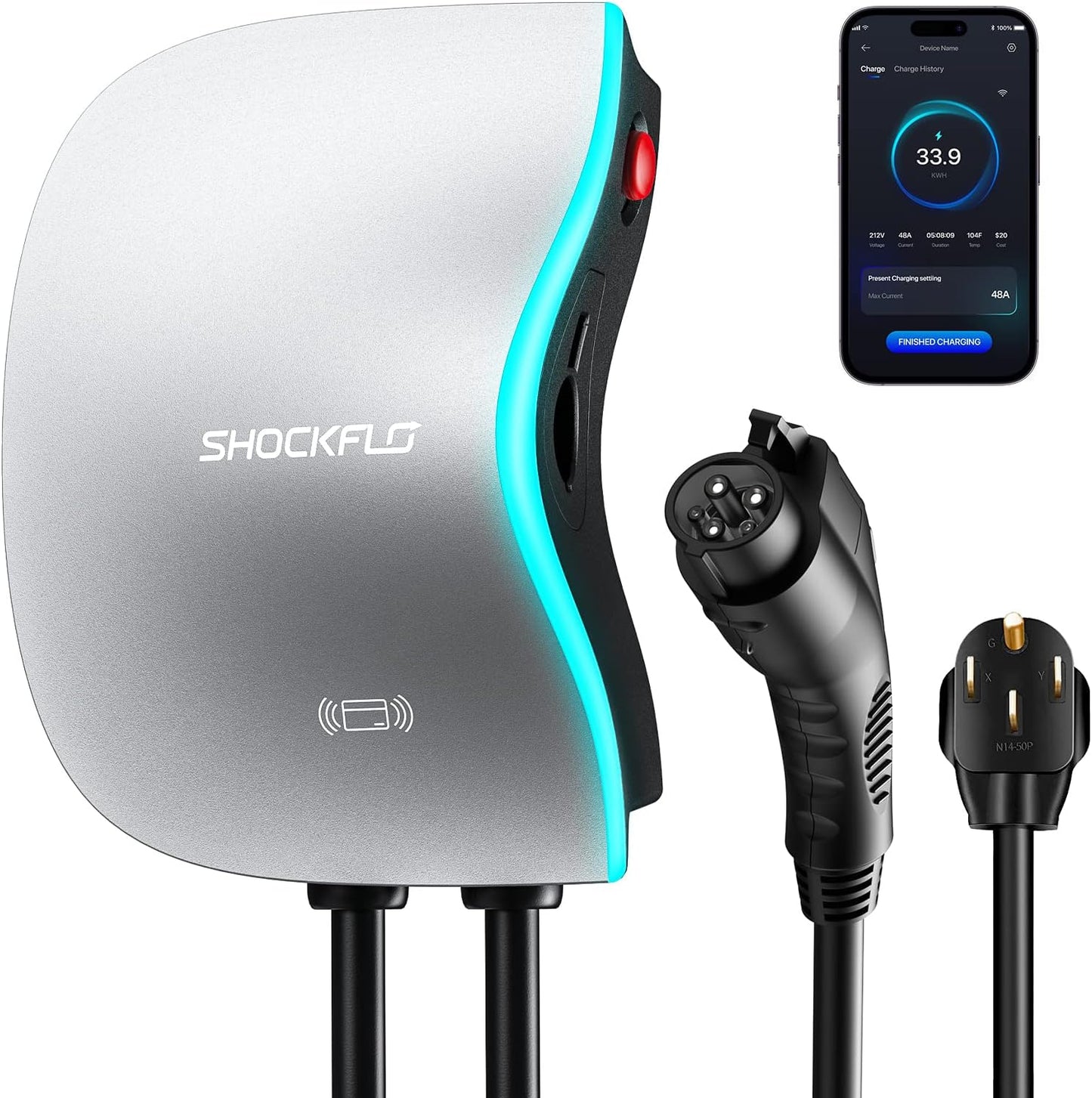 ShockFlo S1 Level 2 EV Charger (48A), NEMA 14-50 Plug or Hardwired EV Charging Station Level 2, Wi-Fi and Bluetooth Enabled EVSE Indoor/Outdoor Use