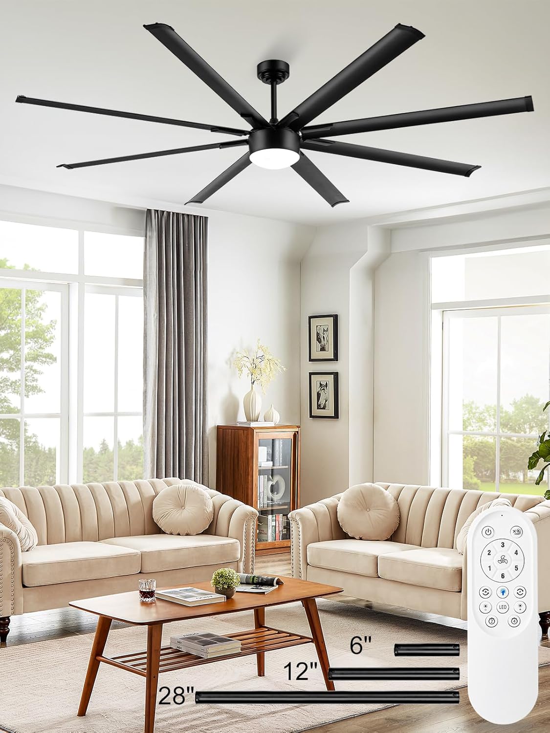 84 Inch Industrial Ceiling Fan, Large Black Ceiling Fan with Lights and Remote, Big Ceiling Fan with 3 Downrods 8 Reversible