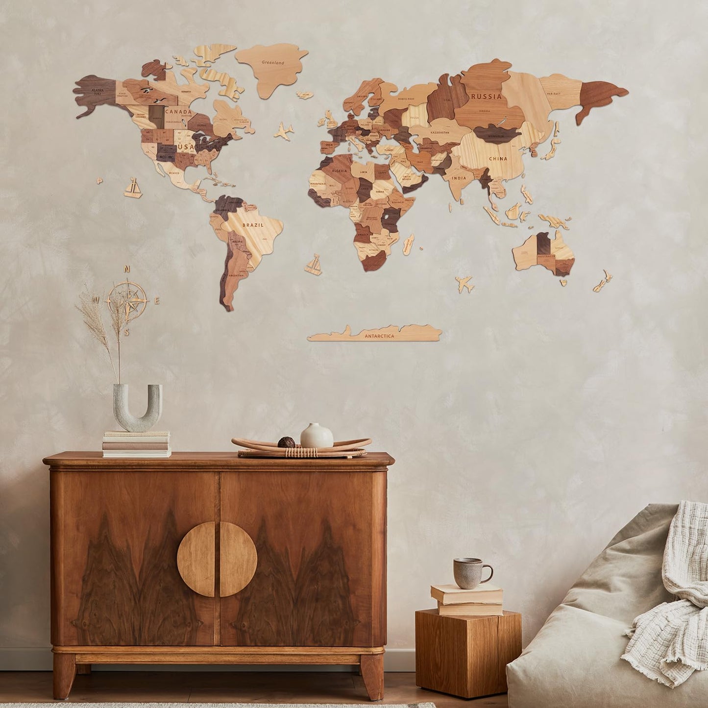 Handiwoo Wooden World Map 3D, Wood World Map Wall Art, Multilayered Wooden Map of The World Wall Decoration, Idea Housewarming Gift Large Wood Travel