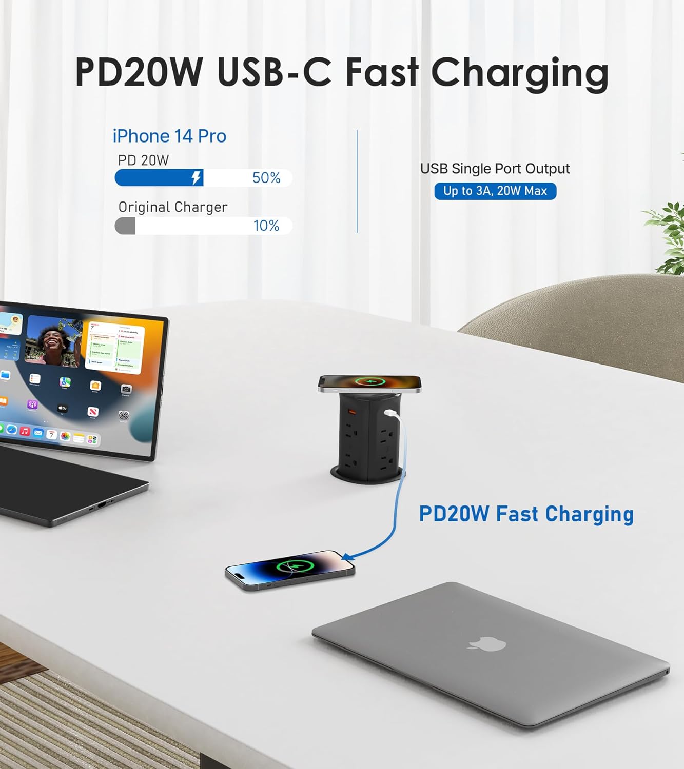 Pop Up Countertop Receptacle with 4 USB Ports 15W Wireless Charger Max 20W Power Delivery Pop Up Outlet for Home Kitchen Office