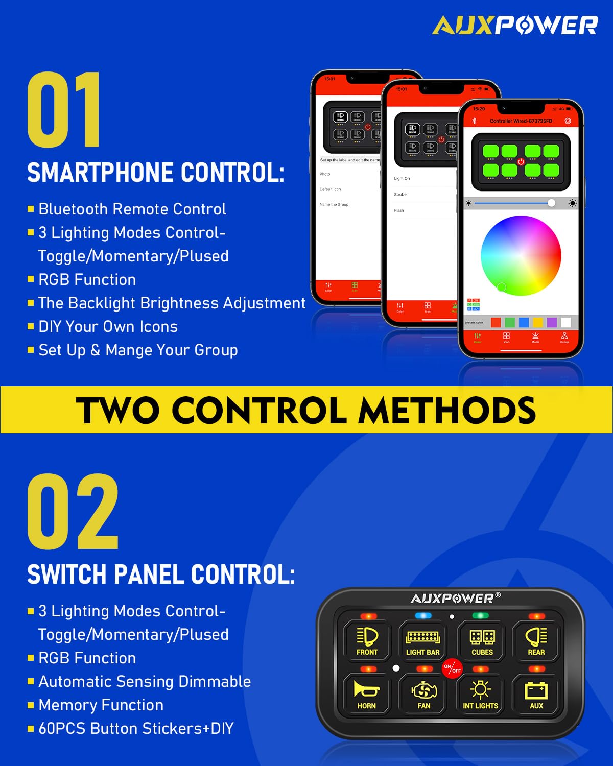 RGB 8 Gang Switch Panel with App Control Turn On/Off Momentary Pulsed Multifunction 12V Switch Panel for Truck Circuit Control Relay System Switch Panel Waterproof for Car Boat Truck RV