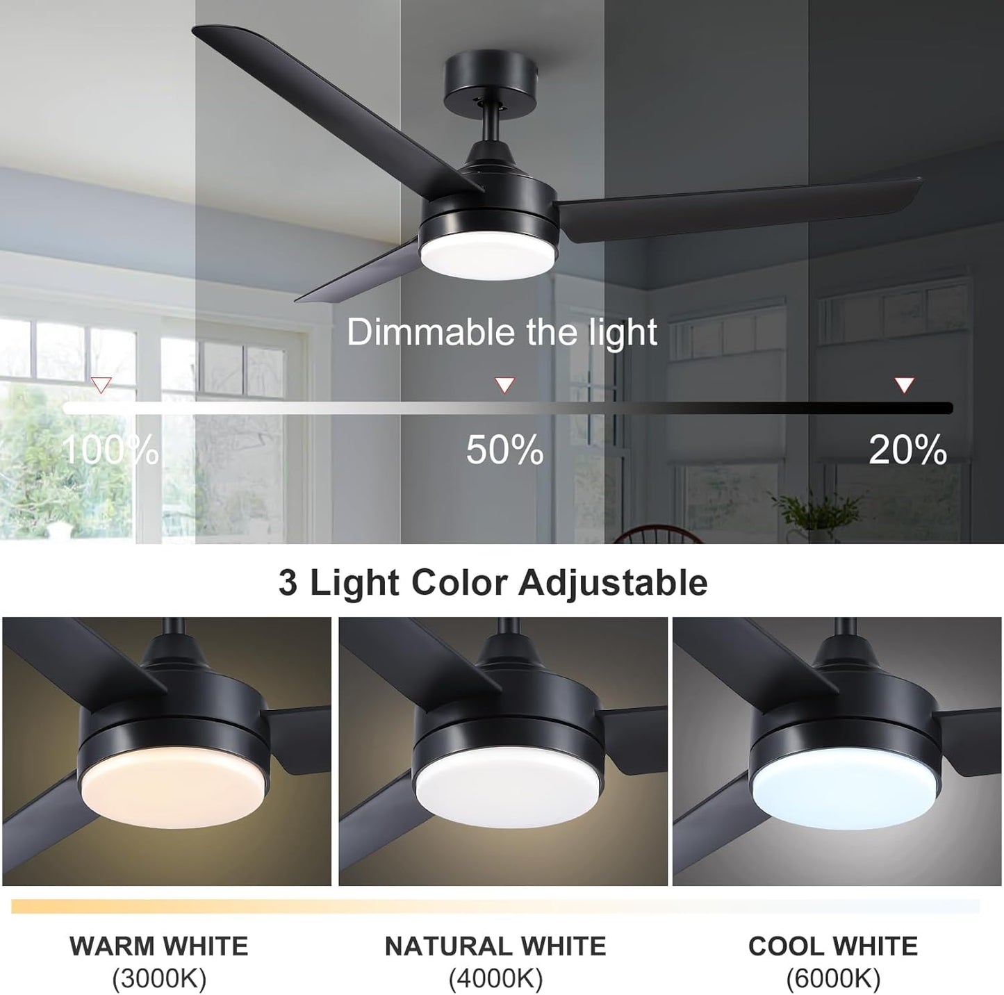 Black Ceiling Fans with Lights and Remote Control, Modern 52 Inch Ceiling Fans with Lights and 6-Speed Modes -Adjustable Dimming - DC Motor