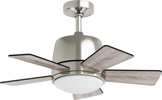 Inlight 30' Integrated LED Indoor Brushed Steel AC Motor Ceiling Fan with Light and Remote, Five Reversible Blades in a Black and Barnwood Finishes,