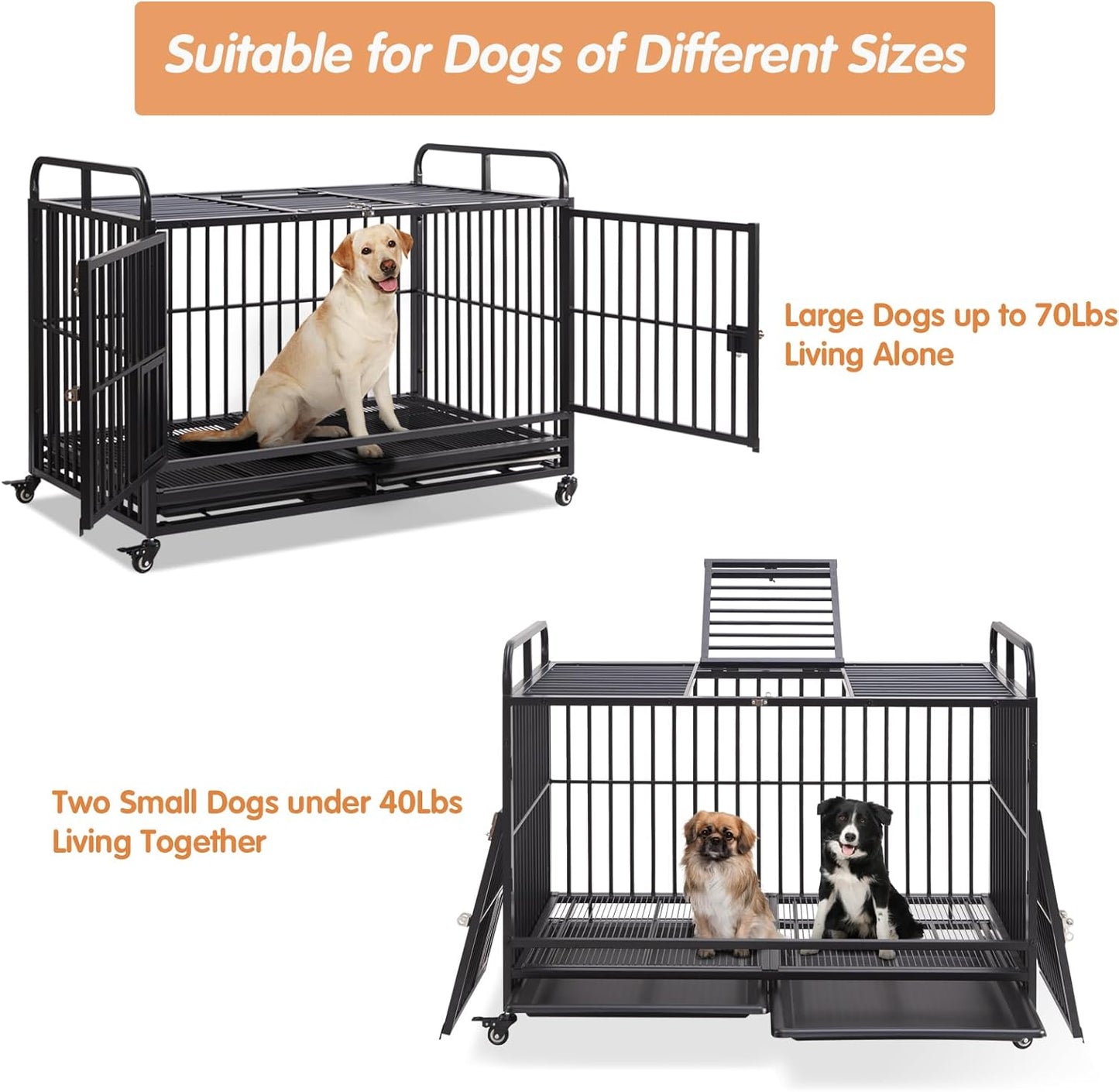 Lauren&Harold 48 Inch Heavy Duty Dog Crate Furniture for Large Medium Dogs, Indestructible Dog Kennel Indoor with Wheels&Removable Tray, Escape-Proof